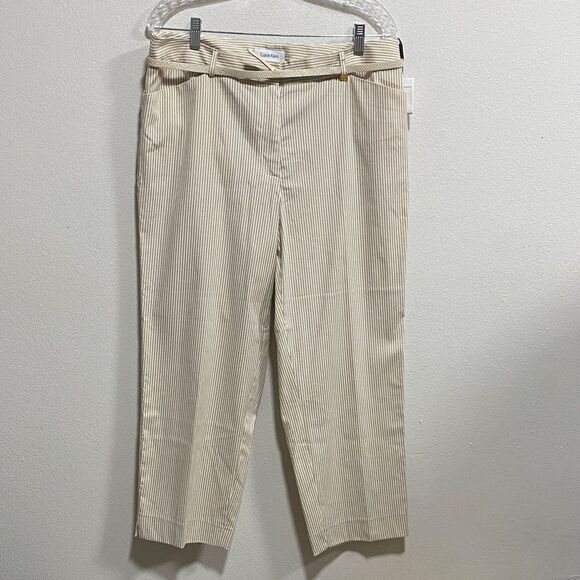 Calvin Klein NWT Tan Pinstripe Cropped Pants Size 12 with Belt - Picture 3 of 14